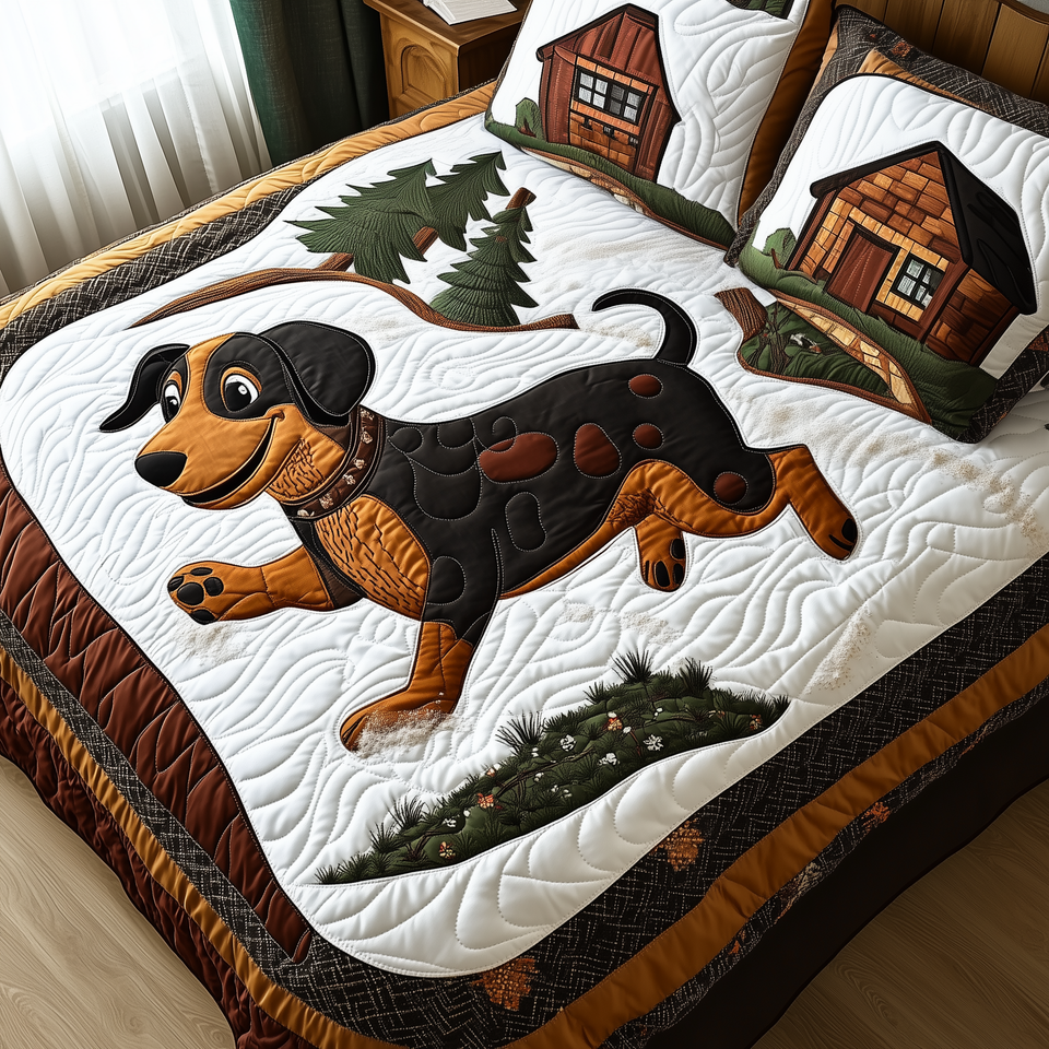 Joyful Dachshund Leaping Over the Log quilted bedding set, quilt and two pillow shams on a made bed