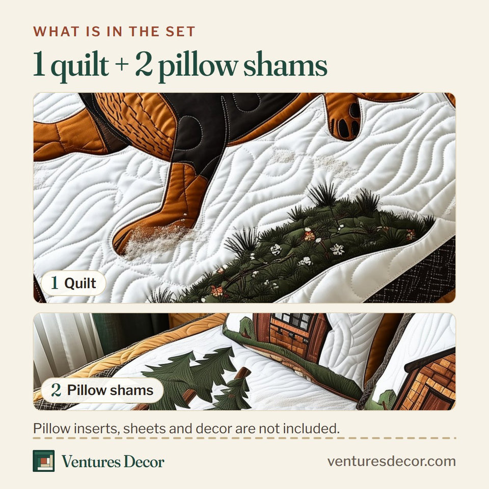 What is in the set: one quilt and two pillow shams, shown in the Joyful Dachshund Leaping Over the Log design