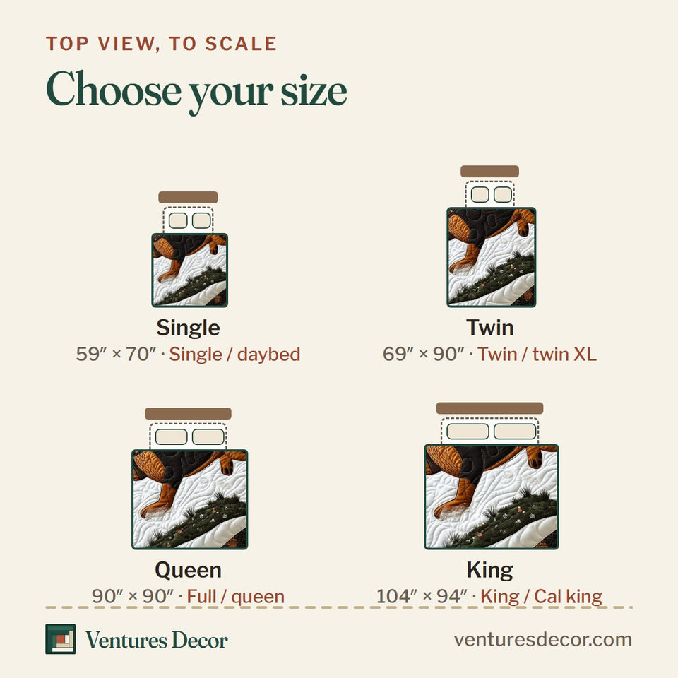 Size guide for the Joyful Dachshund Leaping Over the Log quilt, top view to scale: Single 59 x 70 in, Twin 69 x 90 in, Queen 90 x 90 in, King 104 x 94 in