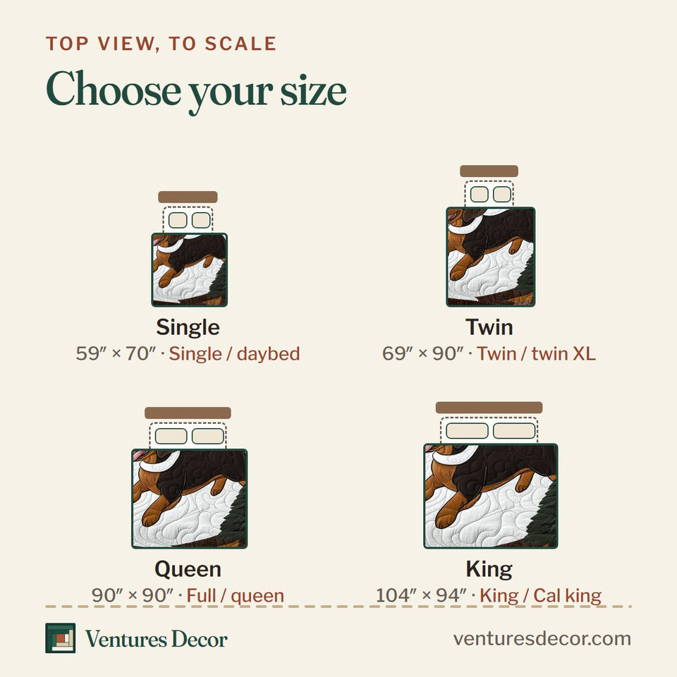 Size guide for the Joyful Dachshund Santa Hat in the Snow quilt, top view to scale: Single 59 x 70 in, Twin 69 x 90 in, Queen 90 x 90 in, King 104 x 94 in