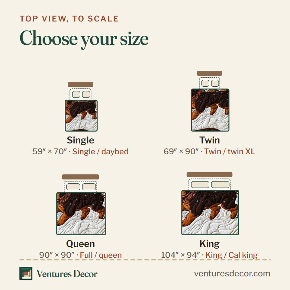 Size guide for the Joyful Dachshund Scarf and Winter Pines quilt, top view to scale: Single 59 x 70 in, Twin 69 x 90 in, Queen 90 x 90 in, King 104 x 94 in