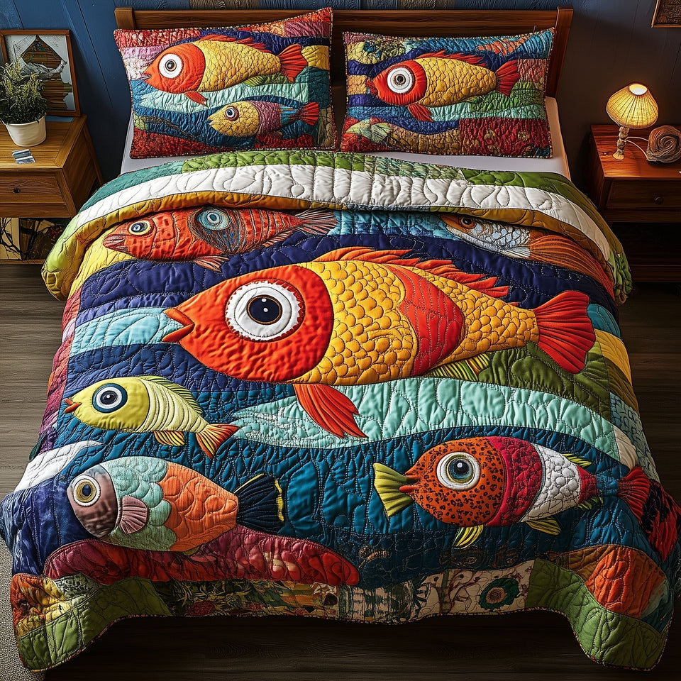 Joyful Fishing Cream Band Orange Fish quilted bedding set, quilt and two pillow shams on a made bed