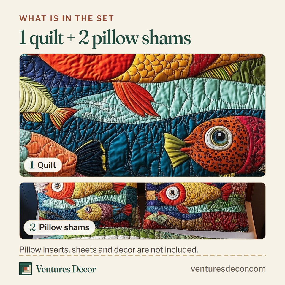 What is in the set: one quilt and two pillow shams, shown in the Joyful Fishing Cream Band Orange Fish design