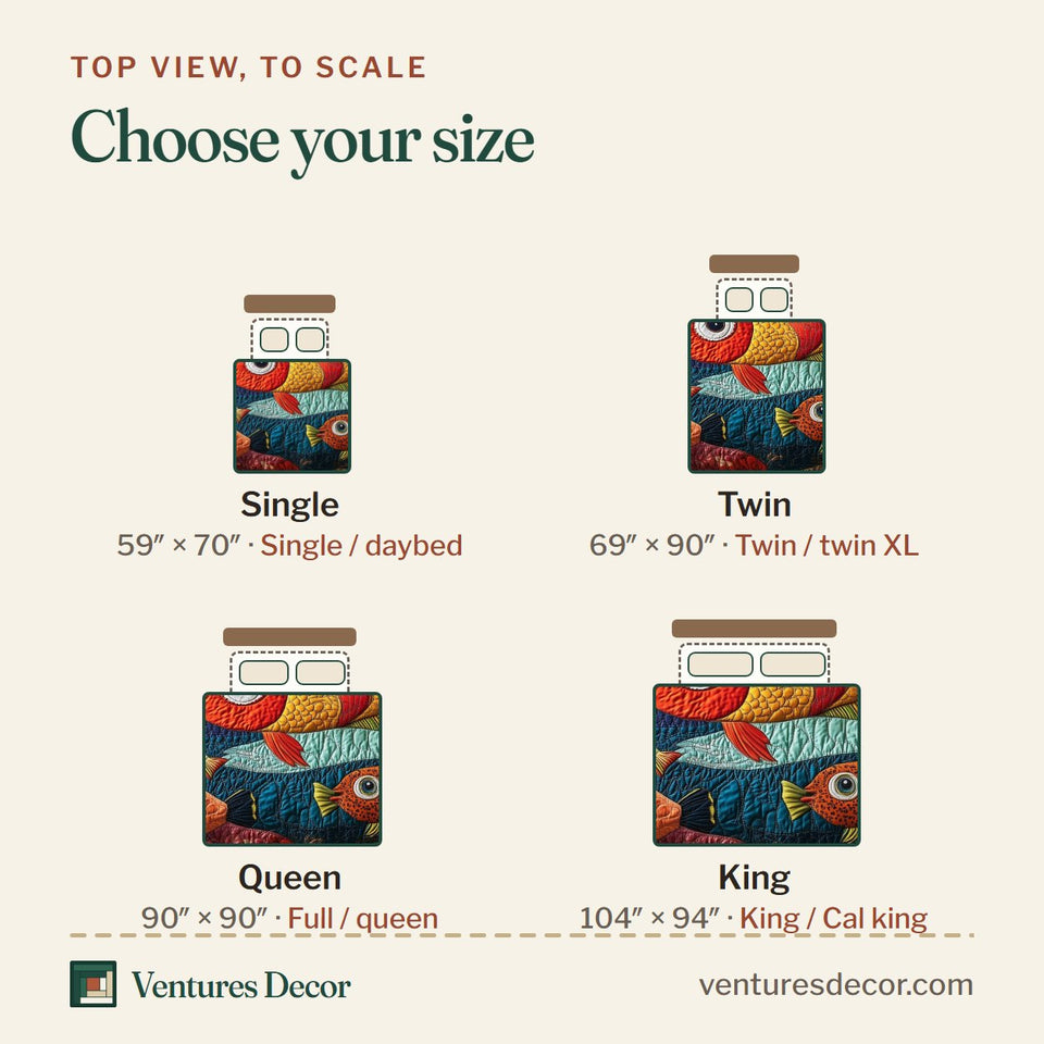 Size guide for the Joyful Fishing Cream Band Orange Fish quilt, top view to scale: Single 59 x 70 in, Twin 69 x 90 in, Queen 90 x 90 in, King 104 x 94 in