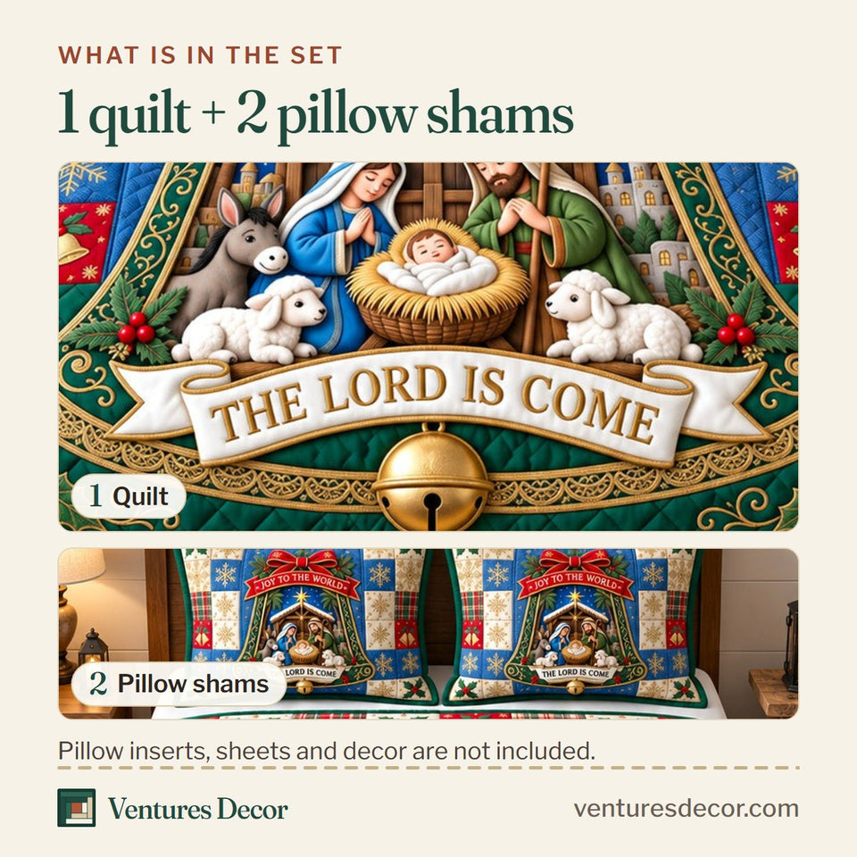 What is in the set: one quilt and two pillow shams, shown in the Joyful Nativity design