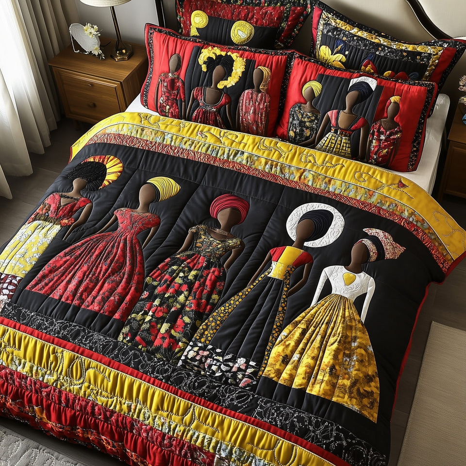 Juneteenth Black And Gold Gowns quilted bedding set, quilt and two pillow shams on a made bed