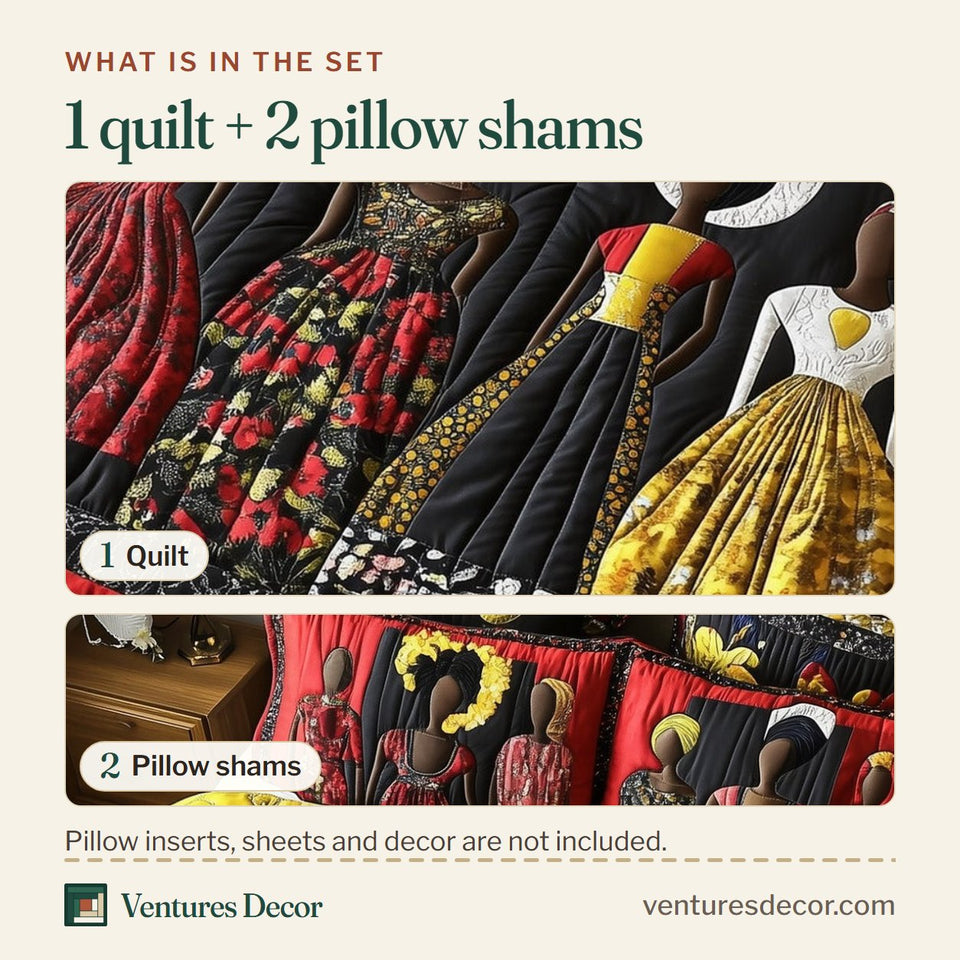 What is in the set: one quilt and two pillow shams, shown in the Juneteenth Black And Gold Gowns design