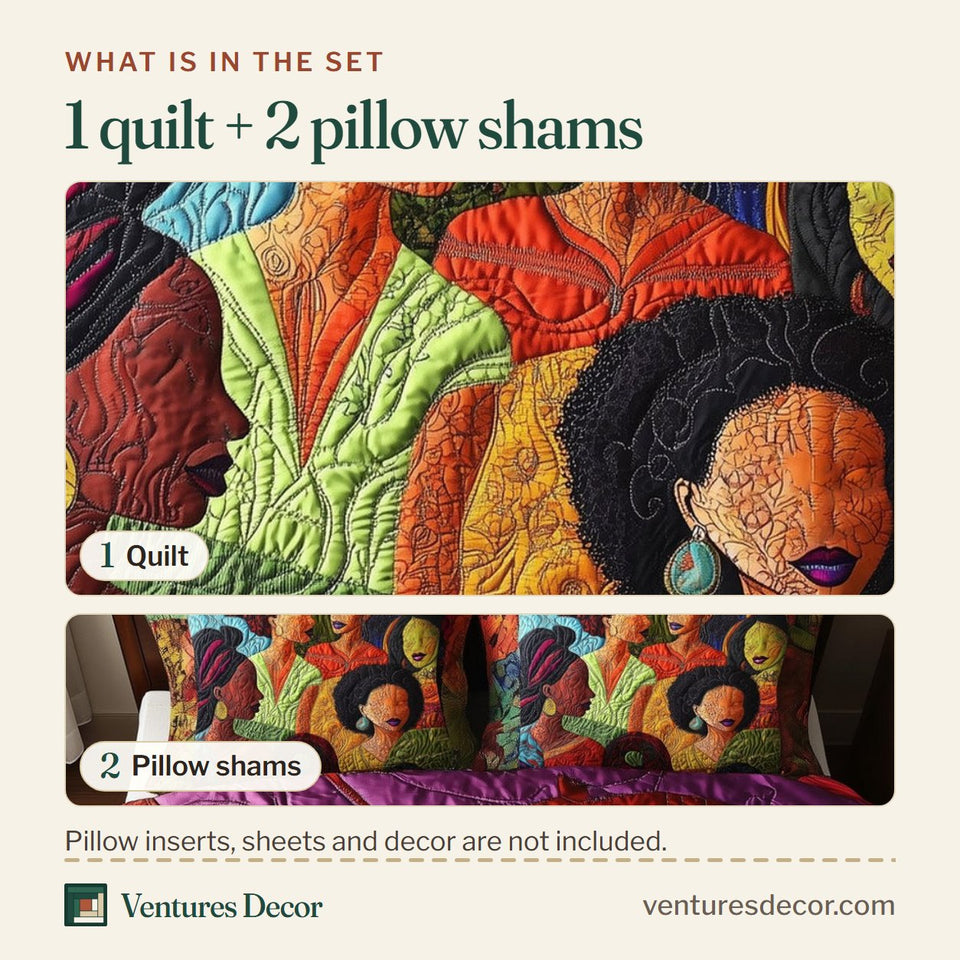 What is in the set: one quilt and two pillow shams, shown in the Juneteenth Bold Faces Purple And Teal design