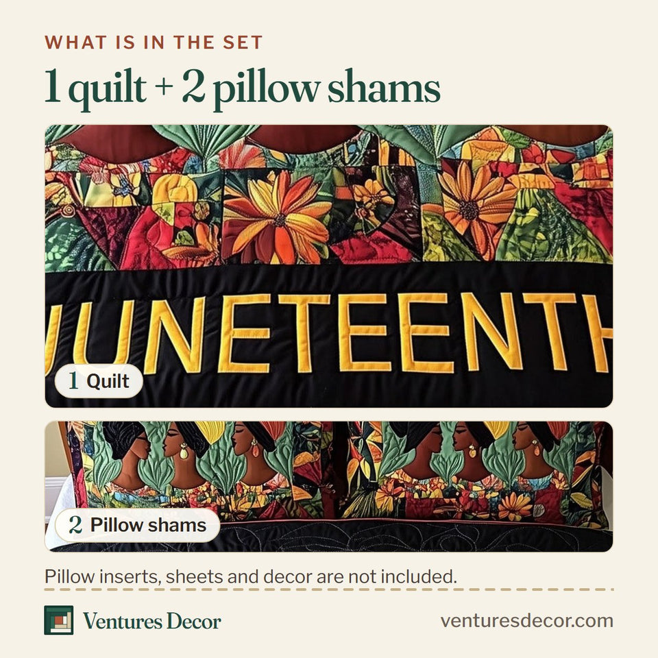 What is in the set: one quilt and two pillow shams, shown in the Juneteenth Bold Word And Profiles design