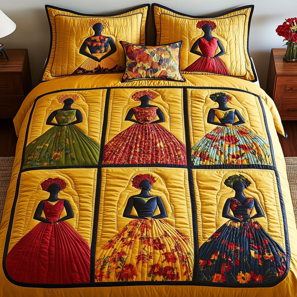 Juneteenth Bordered Gown Blocks quilted bedding set, quilt and two pillow shams on a made bed