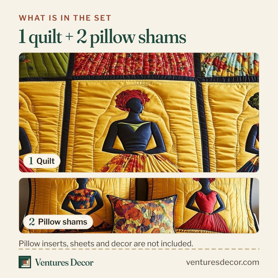 What is in the set: one quilt and two pillow shams, shown in the Juneteenth Bordered Gown Blocks design