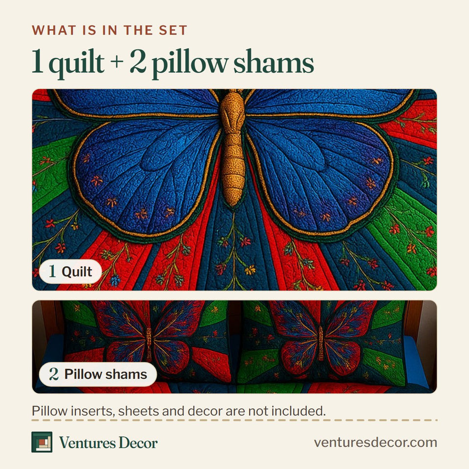 What is in the set: one quilt and two pillow shams, shown in the Juneteenth Butterfly Blue Wings on Red Rays design