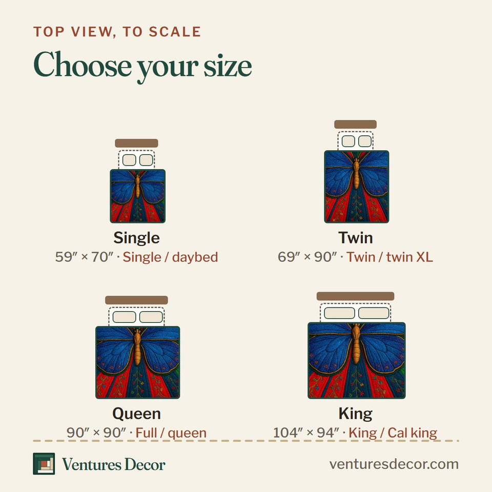 Size guide for the Juneteenth Butterfly Blue Wings on Red Rays quilt, top view to scale: Single 59 x 70 in, Twin 69 x 90 in, Queen 90 x 90 in, King 104 x 94 in