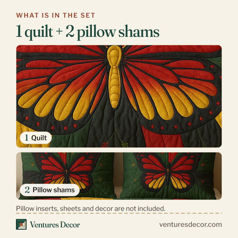 What is in the set: one quilt and two pillow shams, shown in the Juneteenth Butterfly Four Color Rays design