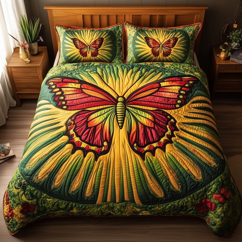 Juneteenth Butterfly Gold Rays on Green quilted bedding set, quilt and two pillow shams on a made bed