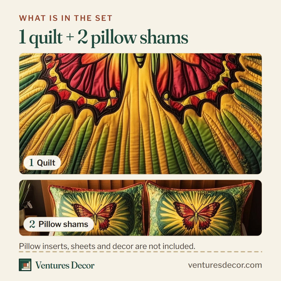 What is in the set: one quilt and two pillow shams, shown in the Juneteenth Butterfly Gold Rays on Green design