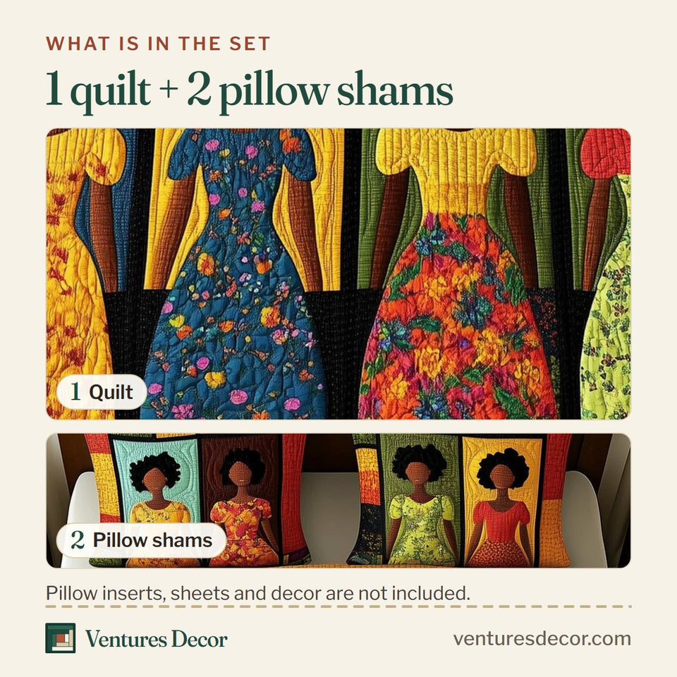 What is in the set: one quilt and two pillow shams, shown in the Juneteenth Color Block Four Figures design