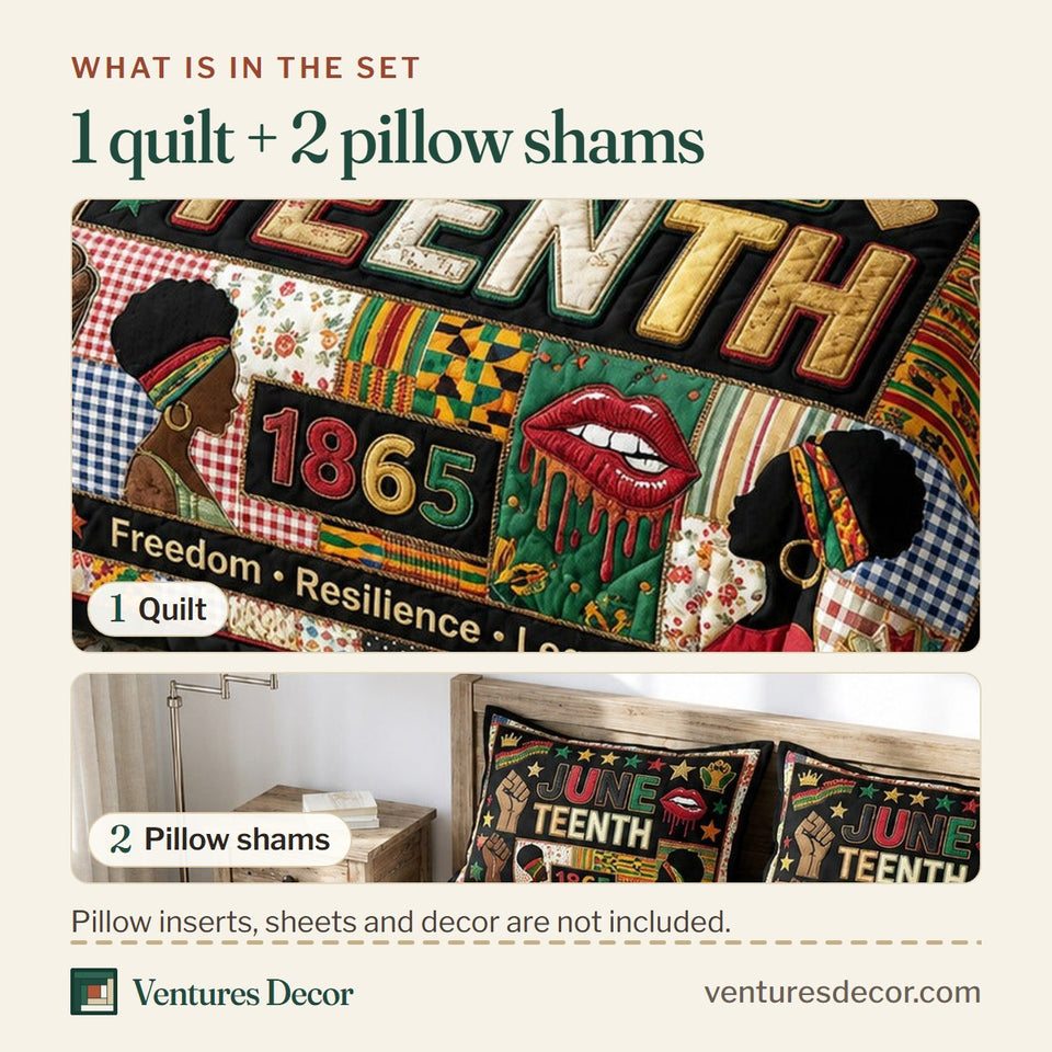 What is in the set: one quilt and two pillow shams, shown in the Juneteenth Culture design