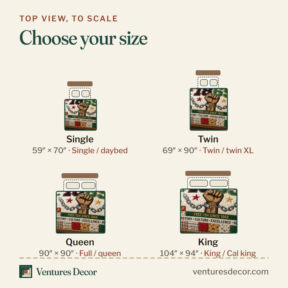 Size guide for the Juneteenth Fist Patchwork quilt, top view to scale: Single 59 x 70 in, Twin 69 x 90 in, Queen 90 x 90 in, King 104 x 94 in