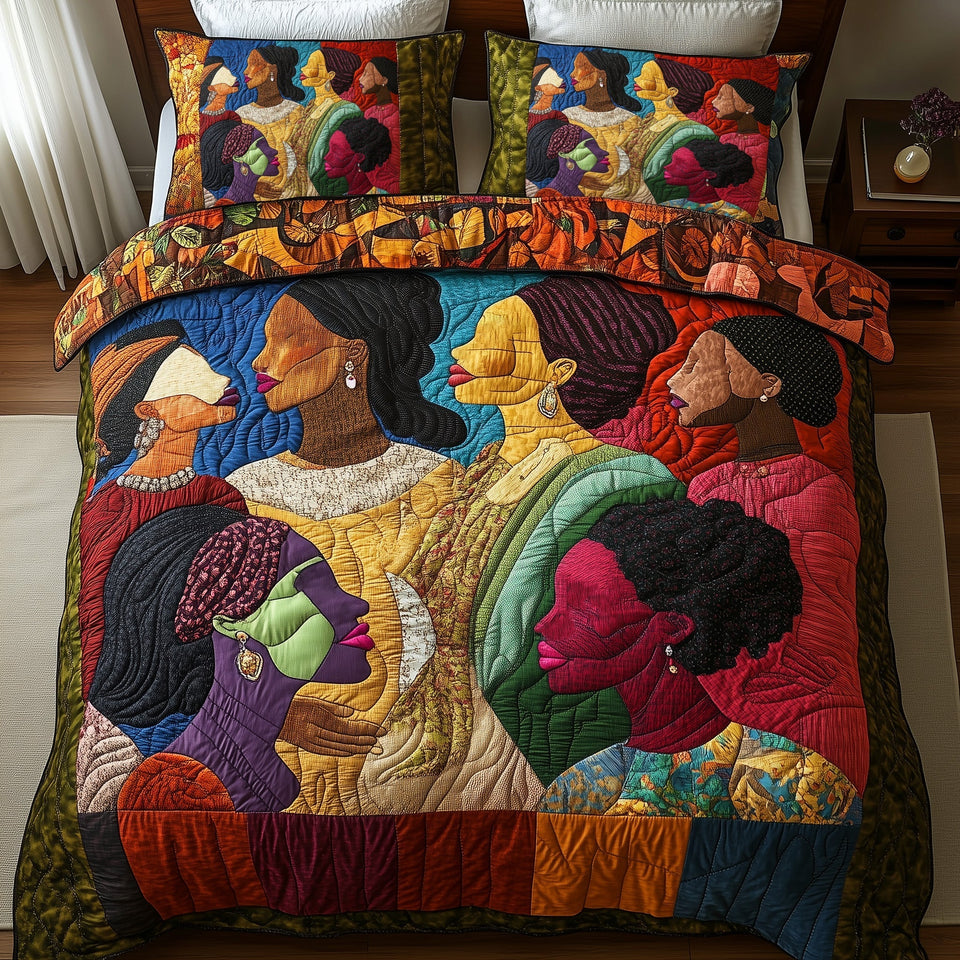 Juneteenth Profile Portrait Patch quilted bedding set, quilt and two pillow shams on a made bed