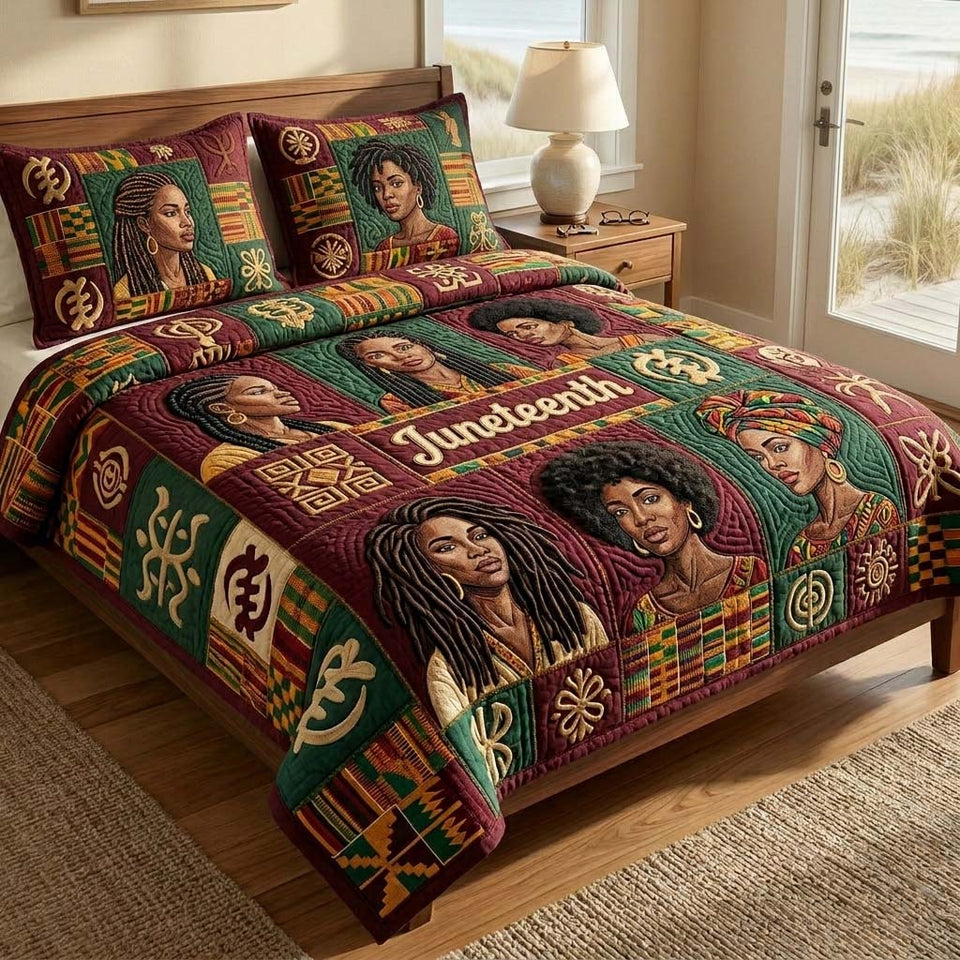 Juneteenth Queens Tapestry quilted bedding set, quilt and two pillow shams on a made bed