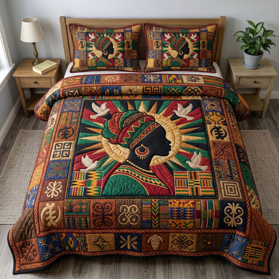 Juneteenth Soul Profile With Dove quilted bedding set, quilt and two pillow shams on a made bed