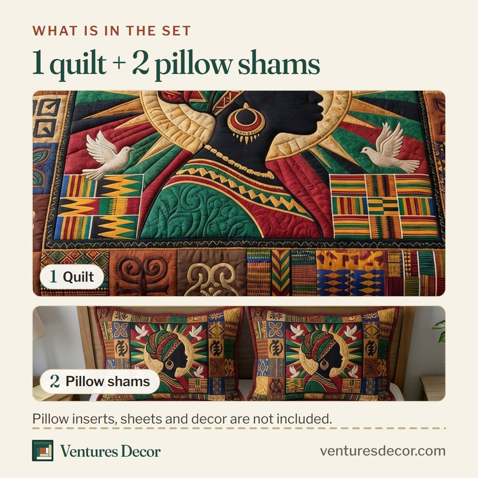 What is in the set: one quilt and two pillow shams, shown in the Juneteenth Soul Profile With Dove design