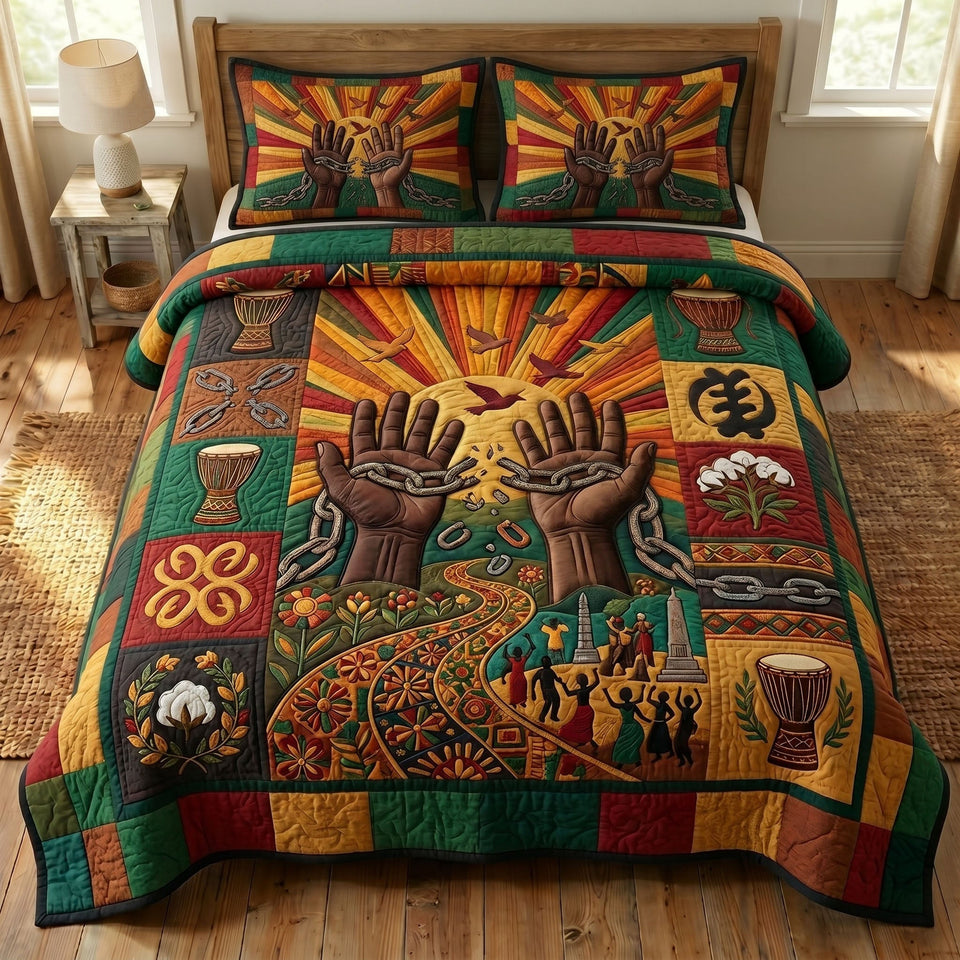 Juneteenth Soul Uplifted Hands And Sunrays quilted bedding set, quilt and two pillow shams on a made bed
