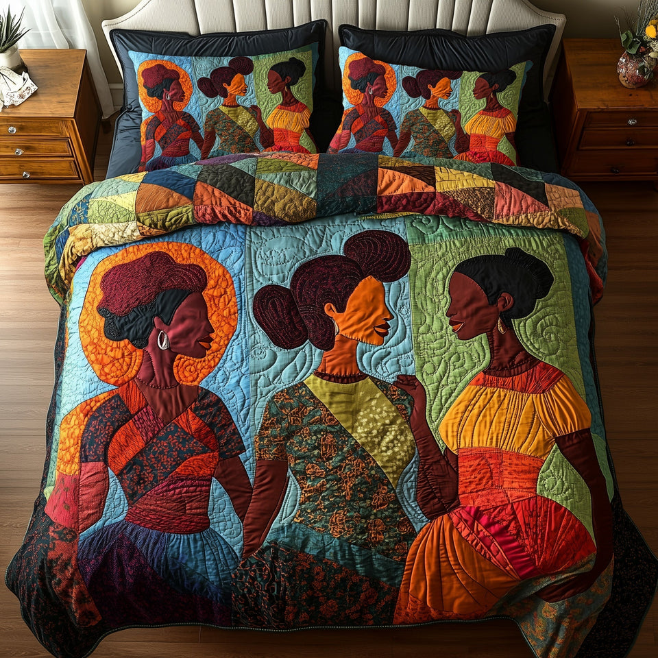 Juneteenth Teal And Orange Group quilted bedding set, quilt and two pillow shams on a made bed
