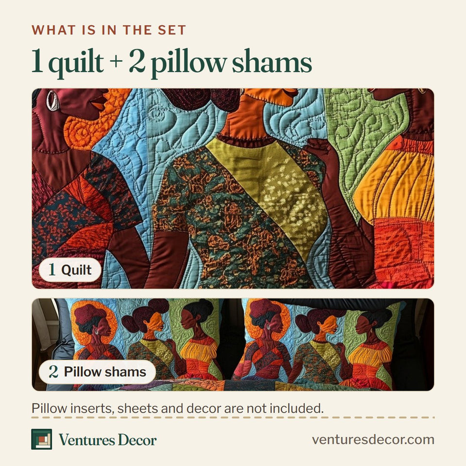 What is in the set: one quilt and two pillow shams, shown in the Juneteenth Teal And Orange Group design