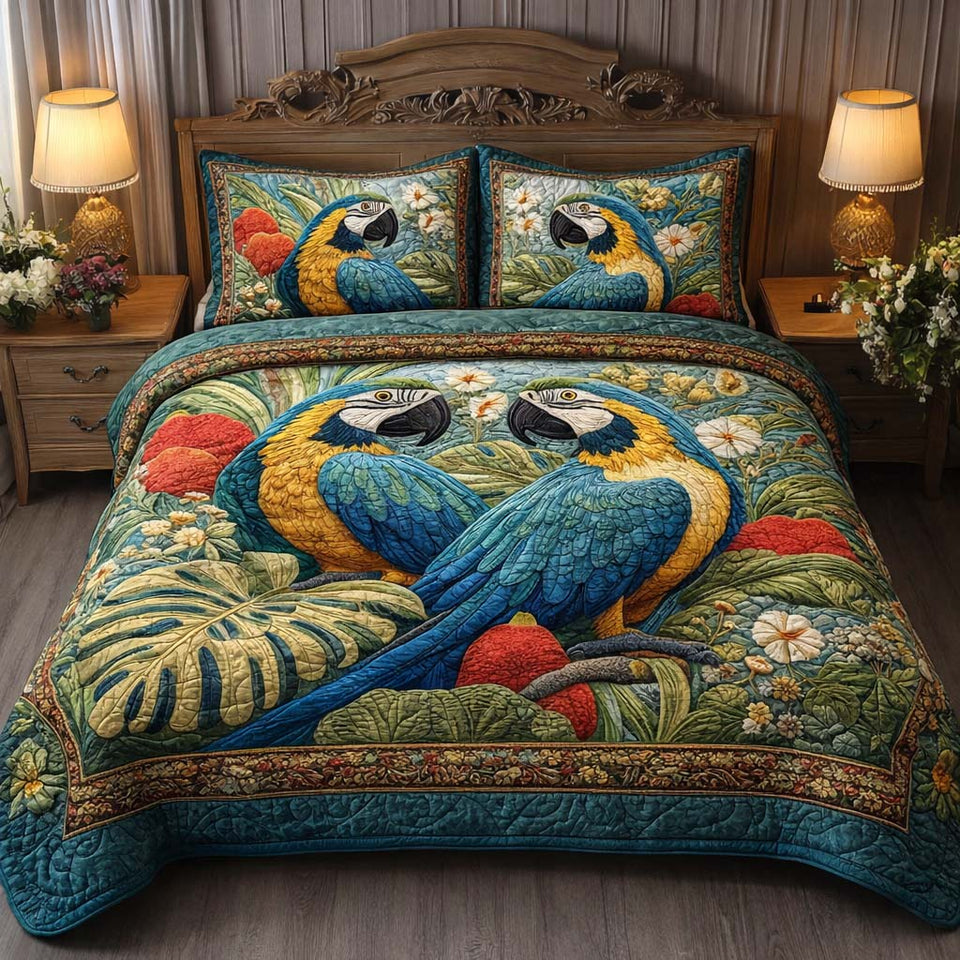 Jungle Pair quilted bedding set, quilt and two pillow shams on a made bed