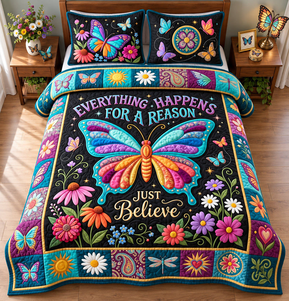 Just Believe quilted bedding set, quilt and two pillow shams on a made bed