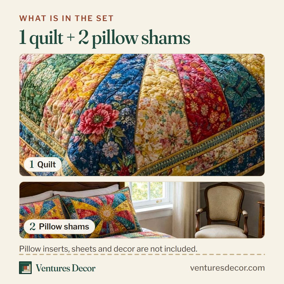 What is in the set: one quilt and two pillow shams, shown in the Kaleidoscope Bloom Pinwheel design