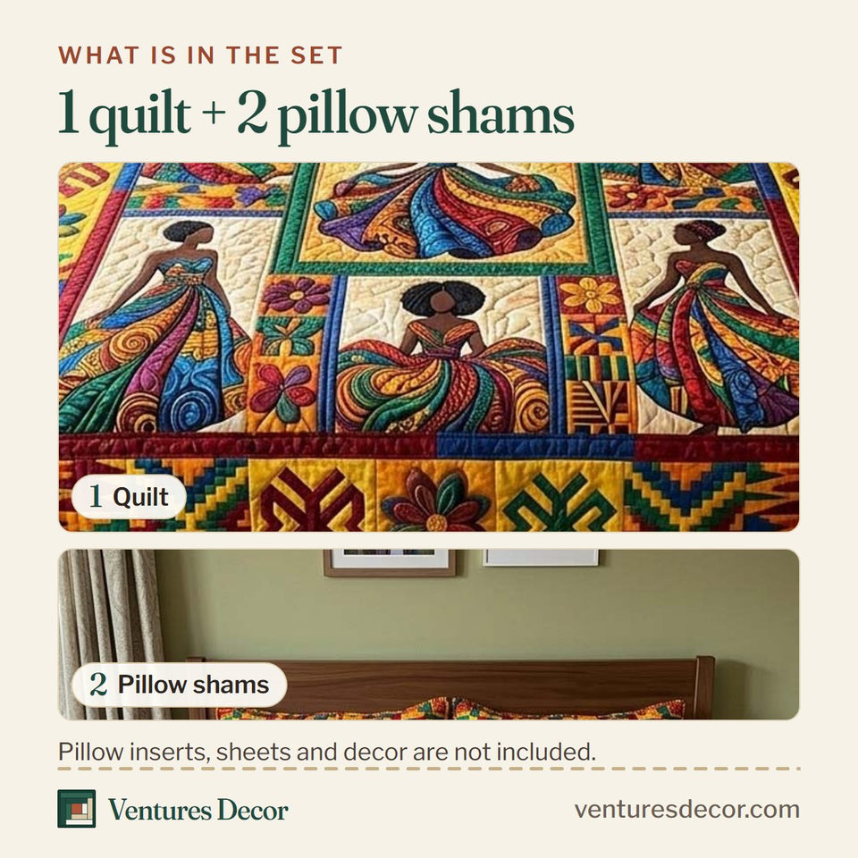 What is in the set: one quilt and two pillow shams, shown in the Kente Royal Harmony design