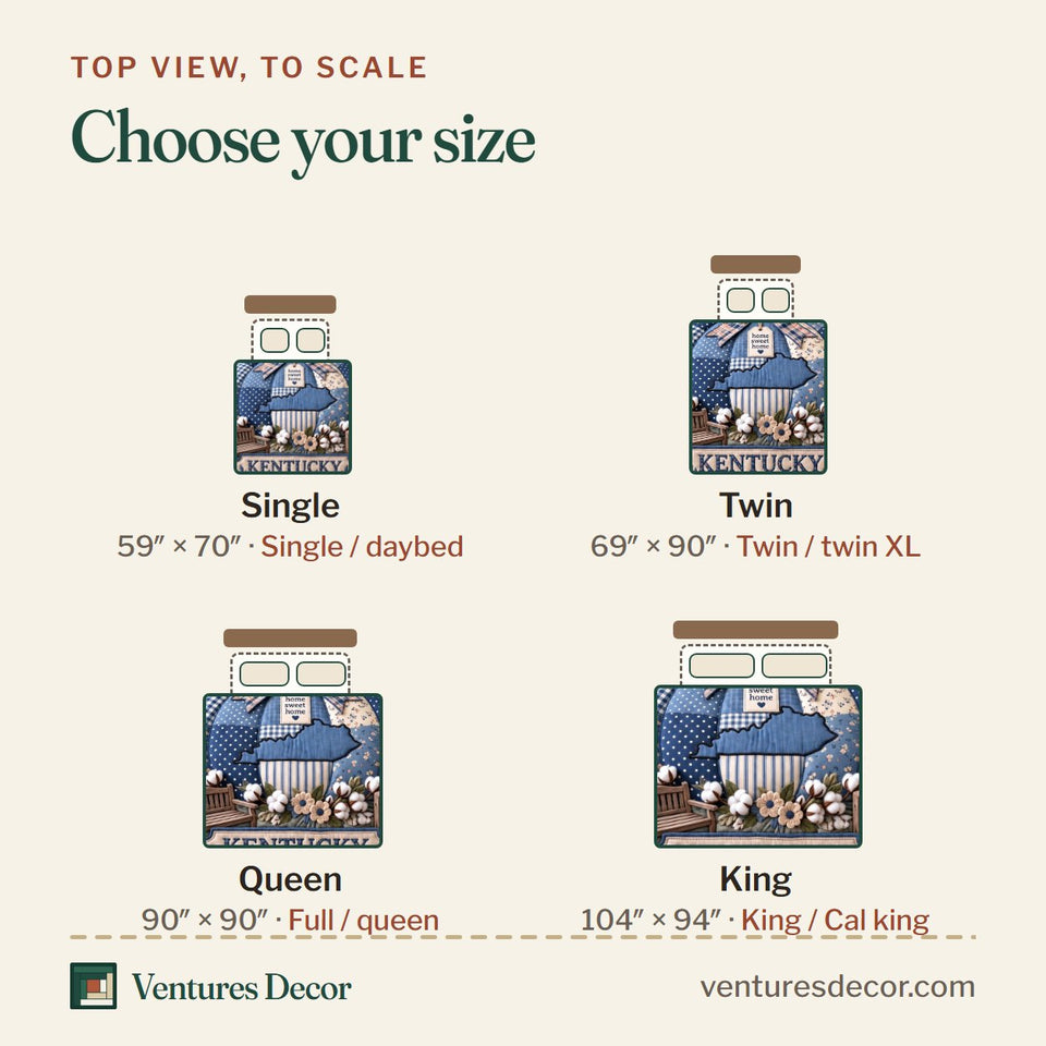 Size guide for the Kentucky Fall Autumn quilt, top view to scale: Single 59 x 70 in, Twin 69 x 90 in, Queen 90 x 90 in, King 104 x 94 in