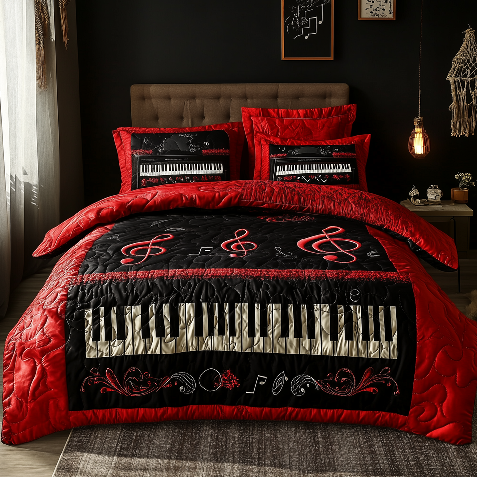Keyboard Crimson Clef Panel quilted bedding set, quilt and two pillow shams on a made bed