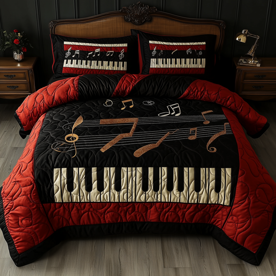 Keyboard Red Border Black Center quilted bedding set, quilt and two pillow shams on a made bed