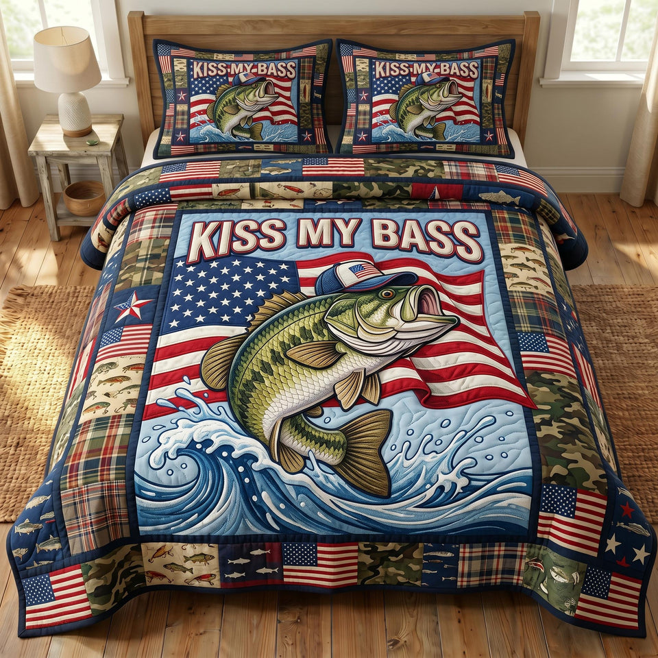 Kiss My Bass Navy Camo Border quilted bedding set, quilt and two pillow shams on a made bed