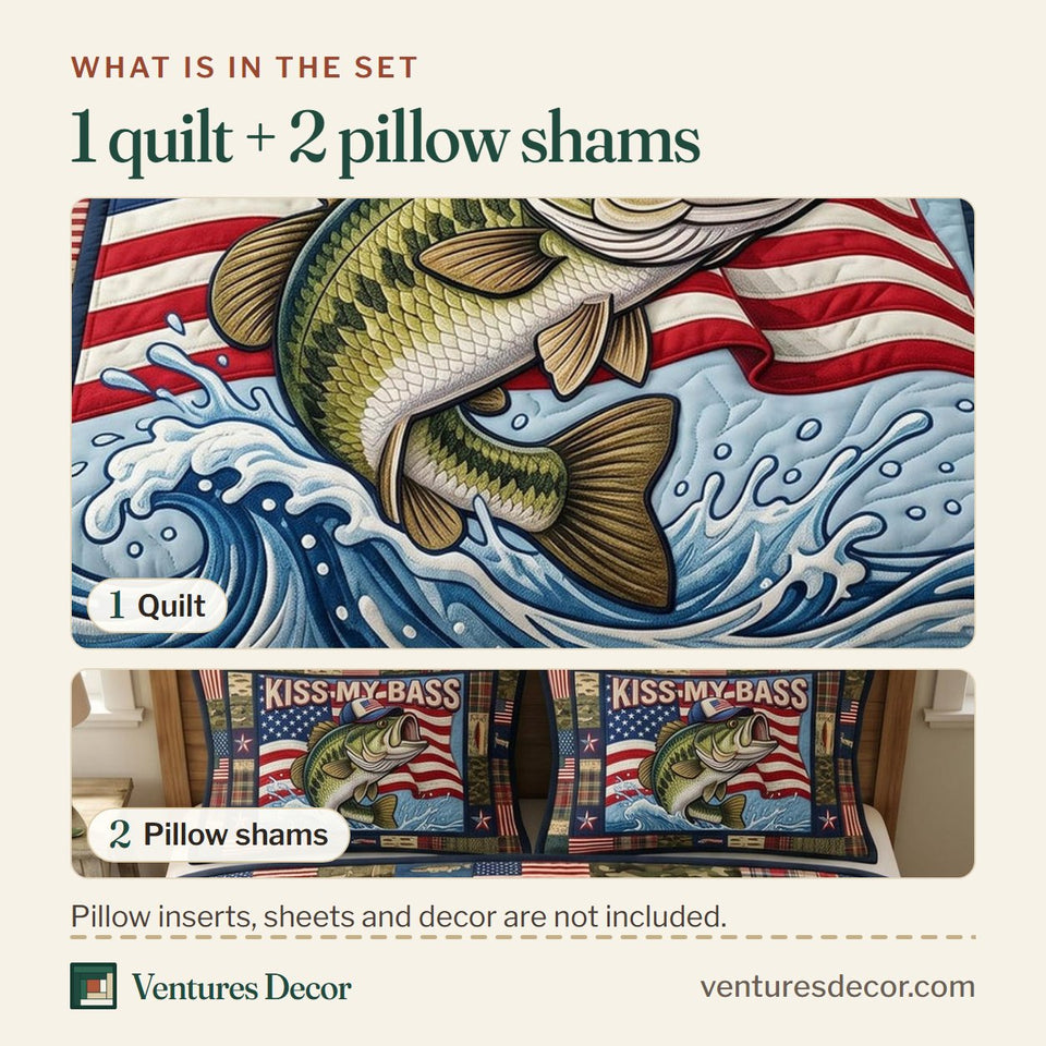 What is in the set: one quilt and two pillow shams, shown in the Kiss My Bass Navy Camo Border design