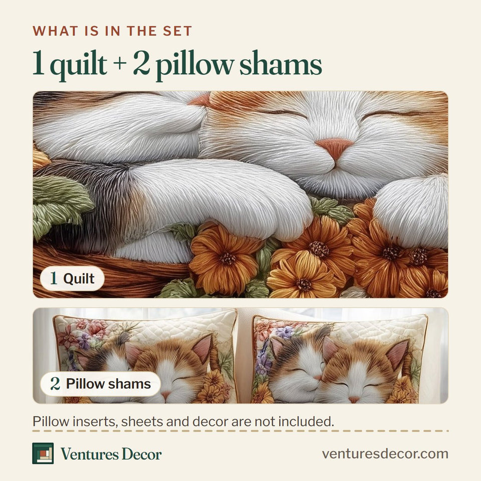 What is in the set: one quilt and two pillow shams, shown in the Kittens Garden Asleep in Orange Blossoms design