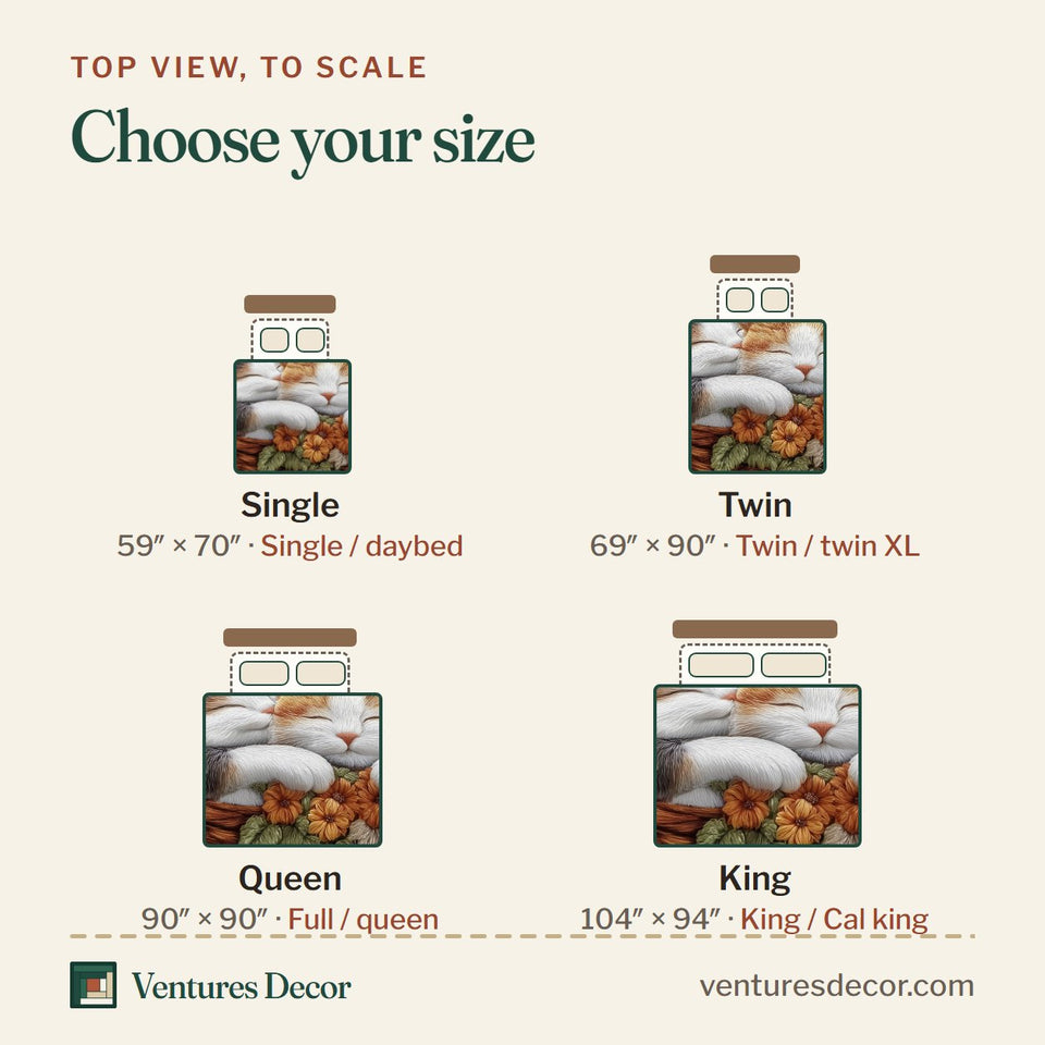 Size guide for the Kittens Garden Asleep in Orange Blossoms quilt, top view to scale: Single 59 x 70 in, Twin 69 x 90 in, Queen 90 x 90 in, King 104 x 94 in