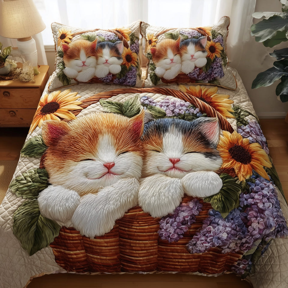 Kittens Garden Basket of Sunflowers and Lavender quilted bedding set, quilt and two pillow shams on a made bed