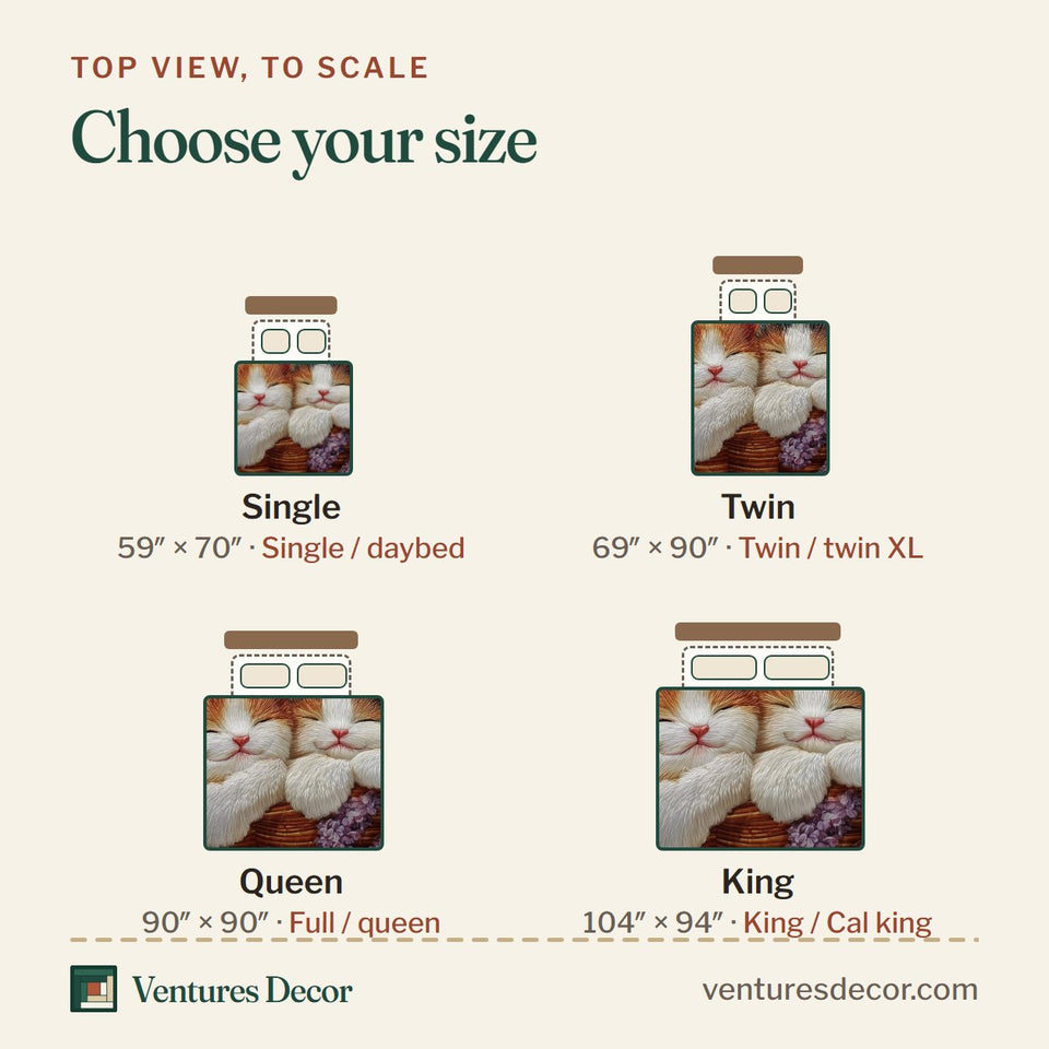 Size guide for the Kittens Garden Basket of Sunflowers and Lavender quilt, top view to scale: Single 59 x 70 in, Twin 69 x 90 in, Queen 90 x 90 in, King 104 x 94 in