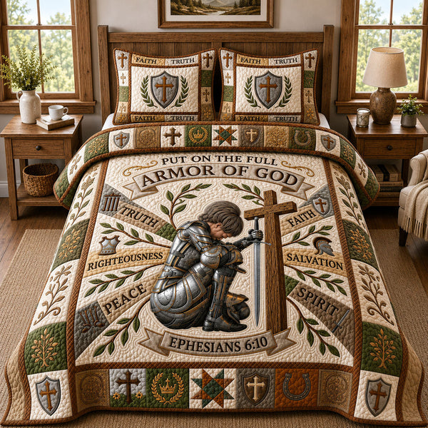 Kneeling Knight Full Armor quilted bedding set, quilt and two pillow shams on a made bed