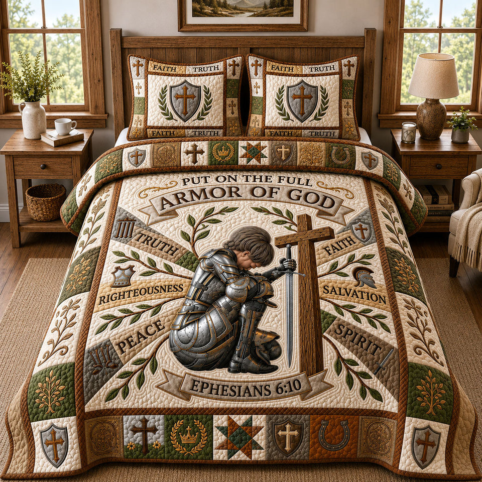 Kneeling Knight Full Armor quilted bedding set, quilt and two pillow shams on a made bed