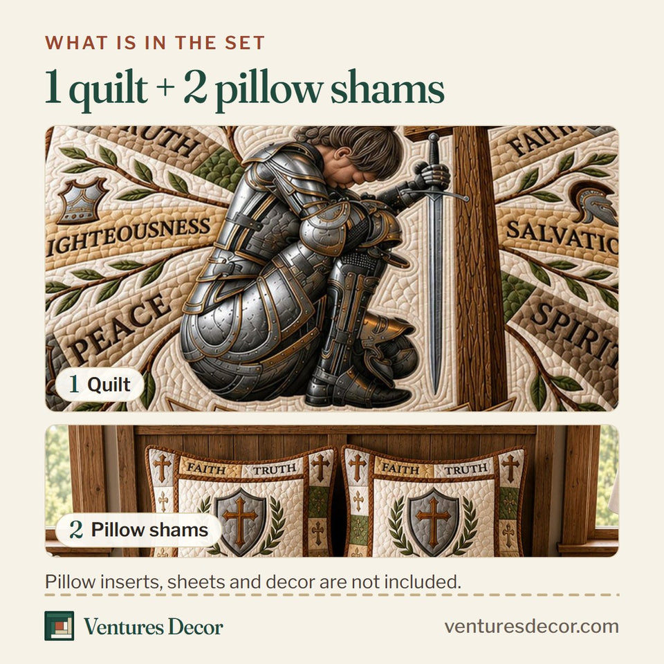 What is in the set: one quilt and two pillow shams, shown in the Kneeling Knight Full Armor design