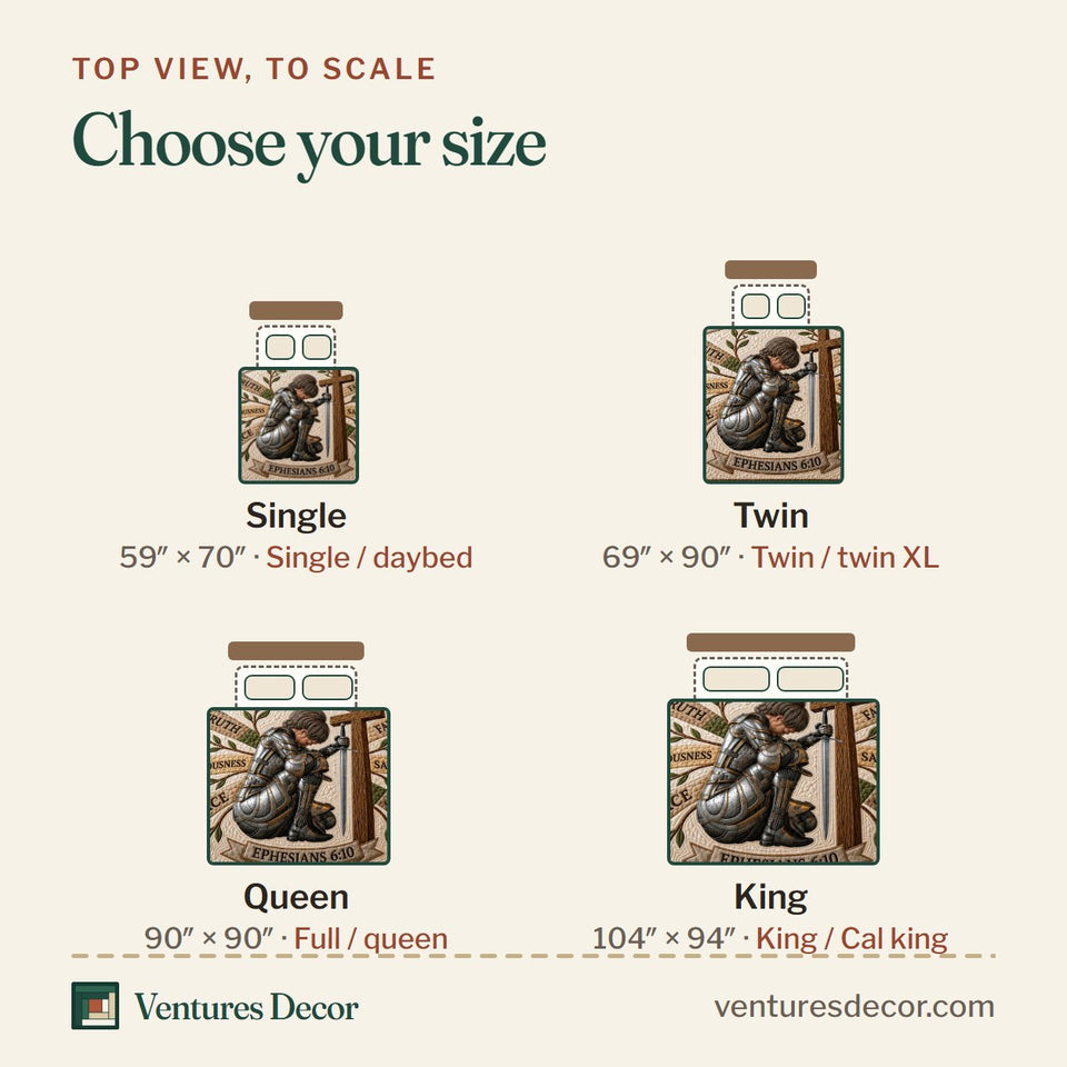 Size guide for the Kneeling Knight Full Armor quilt, top view to scale: Single 59 x 70 in, Twin 69 x 90 in, Queen 90 x 90 in, King 104 x 94 in