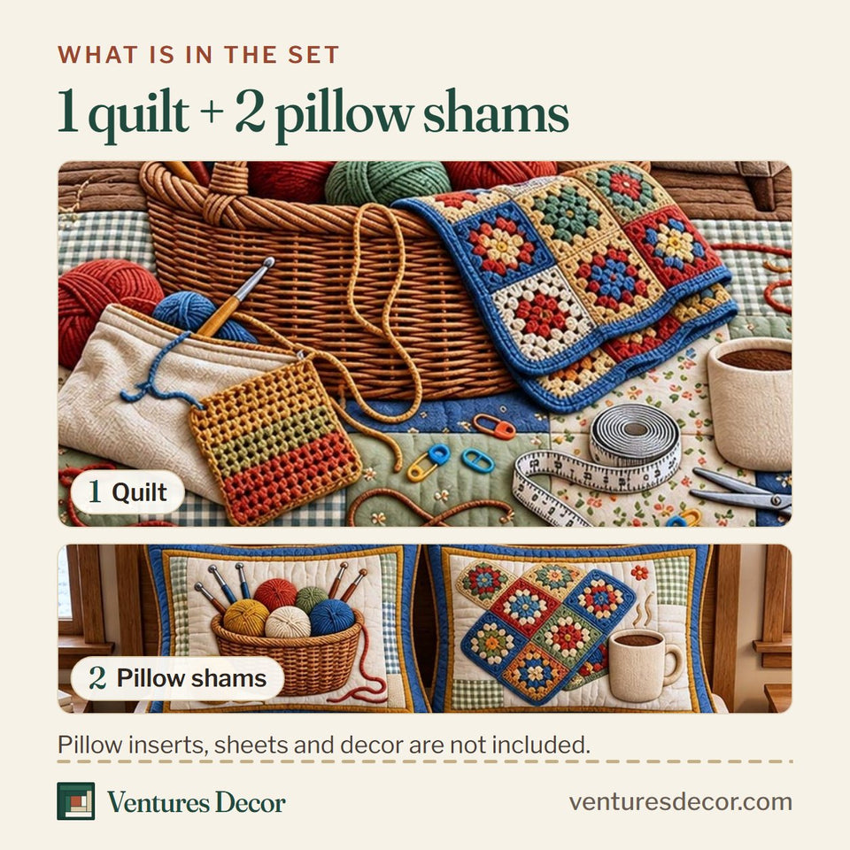 What is in the set: one quilt and two pillow shams, shown in the Knitting Basket Patchwork design