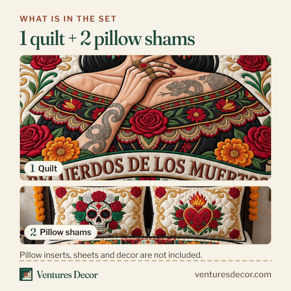 What is in the set: one quilt and two pillow shams, shown in the La Catrina design