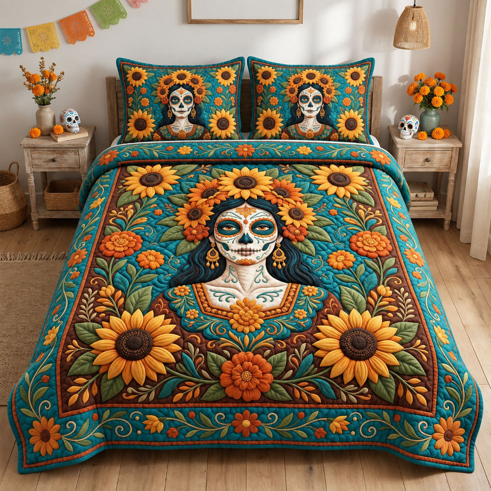 La Catrina Sunflower quilted bedding set, quilt and two pillow shams on a made bed